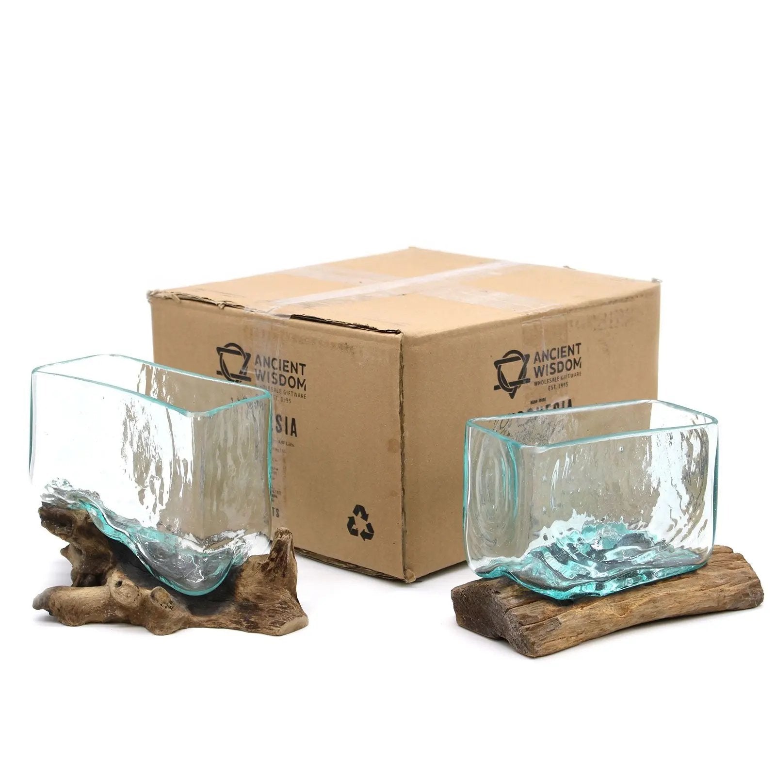 1x Molten Glass Tank on Wood with Stand - Large Bowl  Molten Glass on Wood