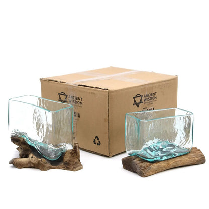 1x Molten Glass Tank on Wood with Stand - Large Bowl  Molten Glass on Wood