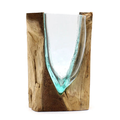 Molton Glass V-shaped Art Vase on Wood  Molten Glass on Wood