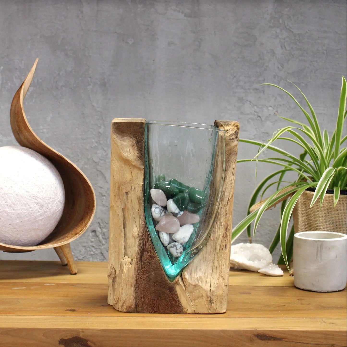 Molton Glass V-shaped Art Vase on Wood  Molten Glass on Wood