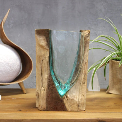 Molton Glass V-shaped Art Vase on Wood  Molten Glass on Wood
