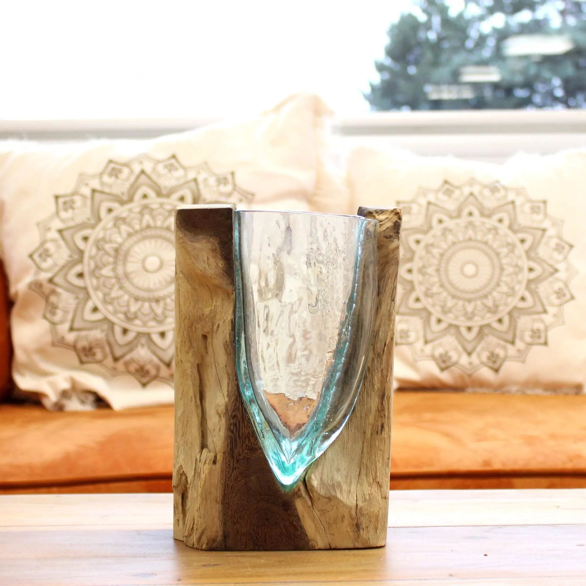 Molton Glass V-shaped Art Vase on Wood  Molten Glass on Wood