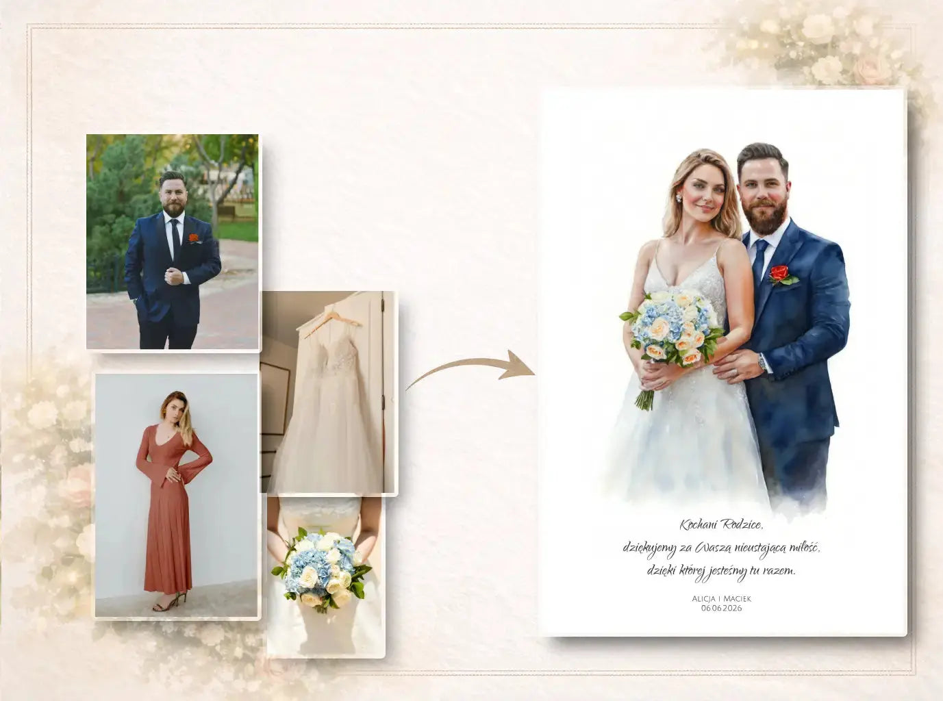 Portret z kilku zdjęć: Podziękowania dla rodziców | Personalizowany Portret dla Rodziców z kilku zdjęć  obraz
