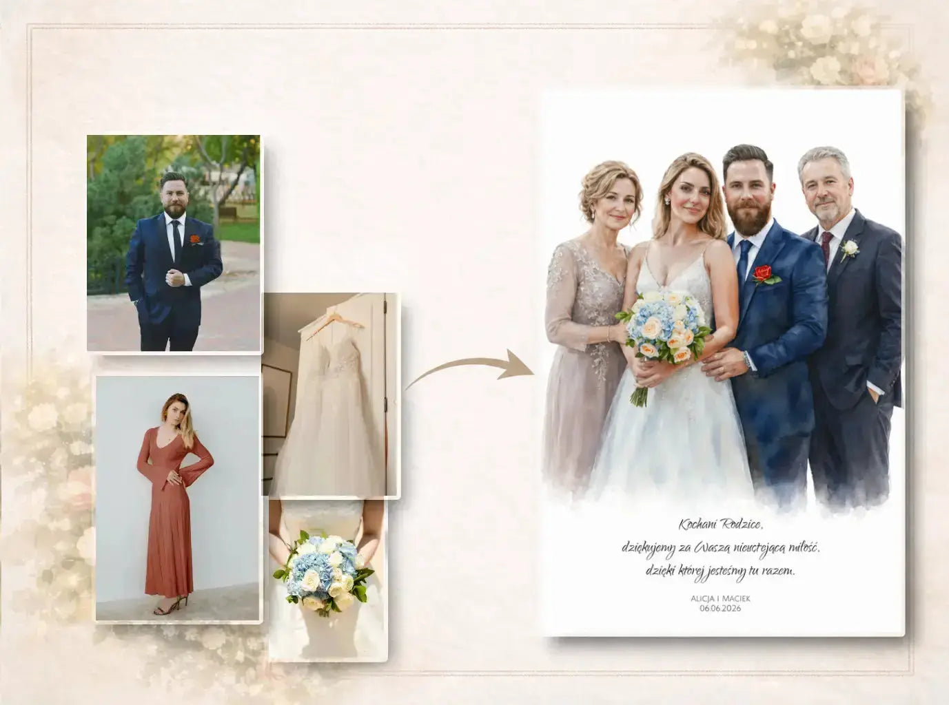 Portret z rodzicami z wielu zdjęć: Podziękowania dla rodziców | Personalizowany Portret dla Rodziców z kilku zdjęć  obraz